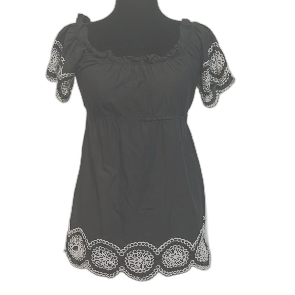 Lily White Cottage Core Grunge Bohemian Black with White Crochet Accents Top